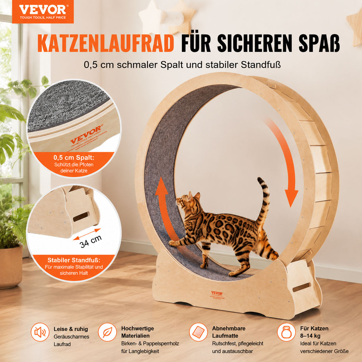 Katzenlaufrad XXL aus Birkenholz | Leise & Stabil | Für große Katzen bis 14 kg