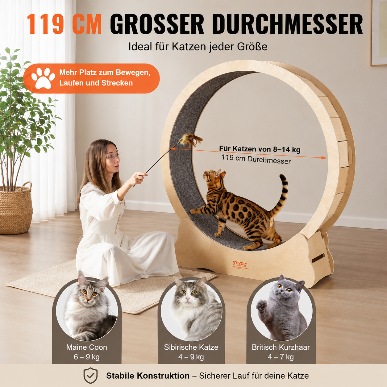 Katzenlaufrad XXL aus Birkenholz | Leise & Stabil | Für große Katzen bis 14 kg